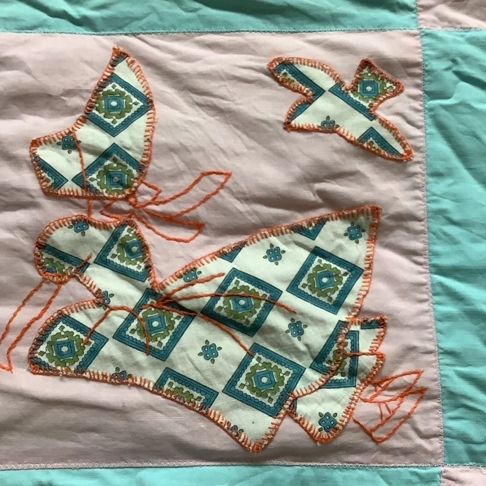 Vintage Machine Stitched Hand Appliqué Hand Stitched Bonnet Girl Bird Quilt